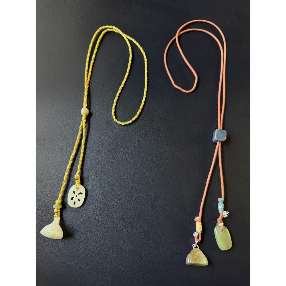 Natural Jade Dual-Pendant Adjustable Lariat Necklace Carved Lotus, Mountain